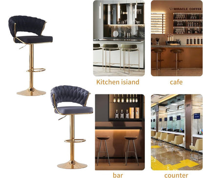 2x Height Blue Velvet Padded Golden Round Base Barstools Chairs V255-GP1802R-BLUE