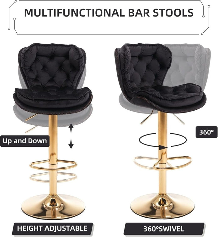 SERENITa Swivel Bar Stools Set of 2 Counter Height Barstools with Back Velvet Upholstered Adjustable Stool V255-GP2210R-BLACK
