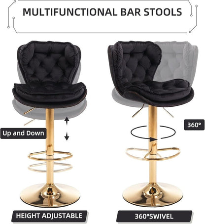 SERENITa Swivel Bar Stools Set of 2 Counter Height Barstools with Back Velvet Upholstered Adjustable Stool V255-GP2210R-BLACK