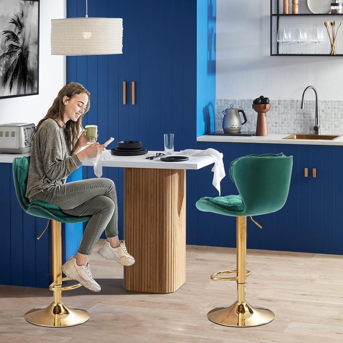 SERENITa Swivel Bar Stools Set of 2 Counter Height Barstools with Back Velvet Upholstered Adjustable Stool V255-GP2210R-EMGREEN