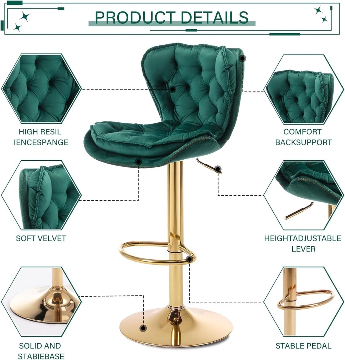 SERENITa Swivel Bar Stools Set of 2 Counter Height Barstools with Back Velvet Upholstered Adjustable Stool V255-GP2210R-EMGREEN
