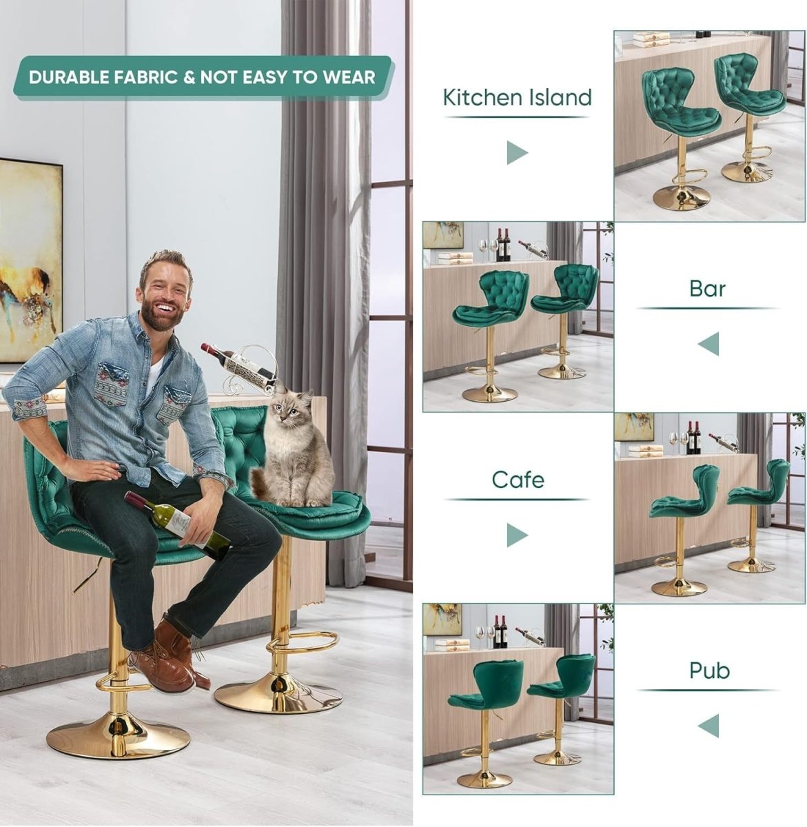 SERENITa Swivel Bar Stools Set of 2 Counter Height Barstools with Back Velvet Upholstered Adjustable Stool V255-GP2210R-EMGREEN