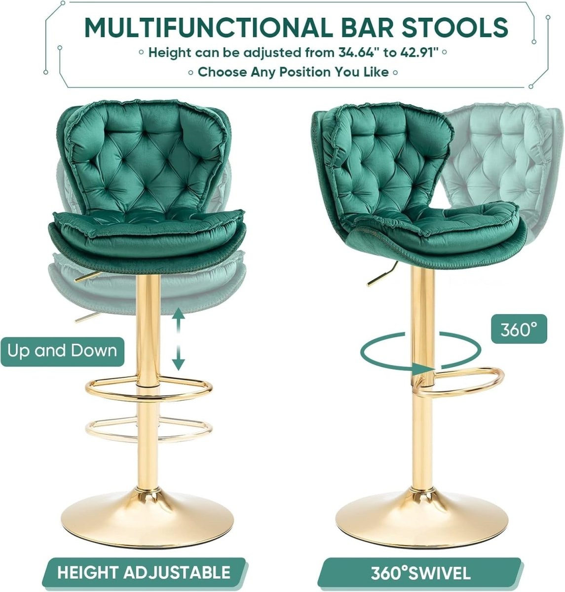 SERENITa Swivel Bar Stools Set of 2 Counter Height Barstools with Back Velvet Upholstered Adjustable Stool V255-GP2210R-EMGREEN