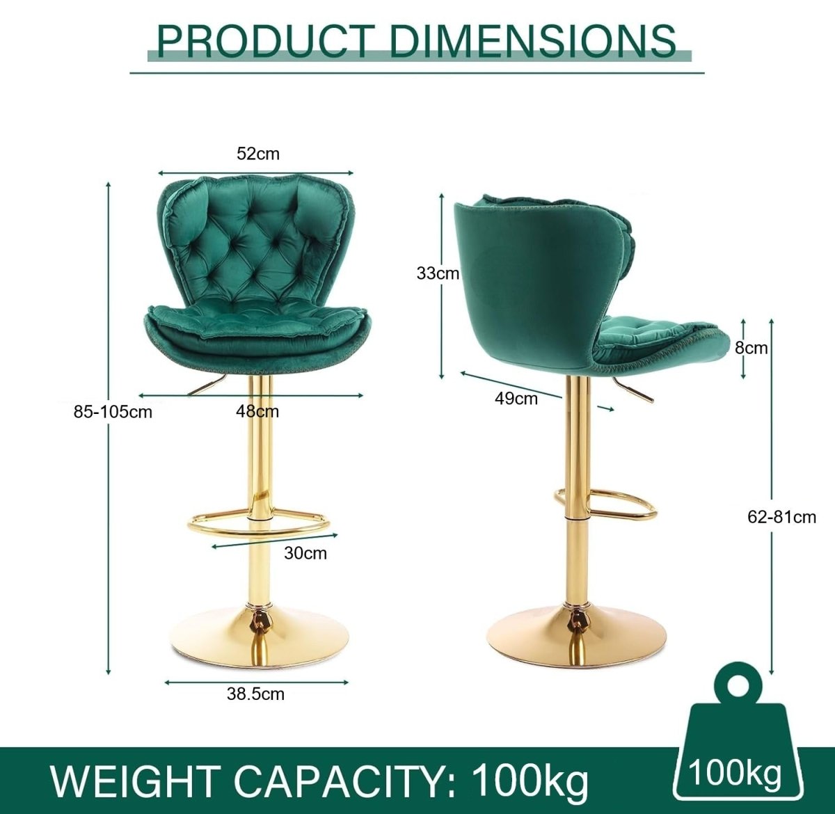SERENITa Swivel Bar Stools Set of 2 Counter Height Barstools with Back Velvet Upholstered Adjustable Stool V255-GP2210R-EMGREEN