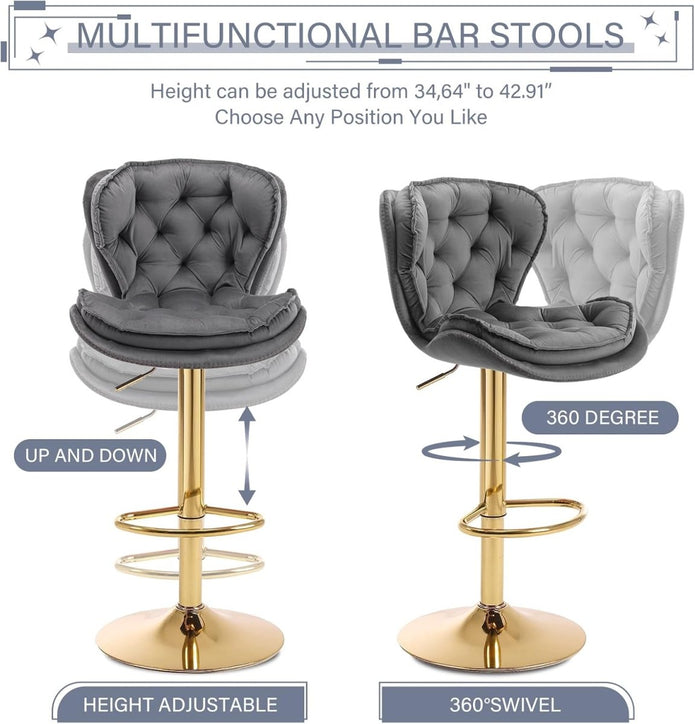 SERENITa Swivel Bar Stools Set of 2 Counter Height Barstools with Back Velvet Upholstered Adjustable Stool V255-GP2210R-GREY