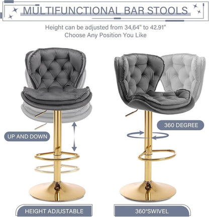 SERENITa Swivel Bar Stools Set of 2 Counter Height Barstools with Back Velvet Upholstered Adjustable Stool V255-GP2210R-GREY