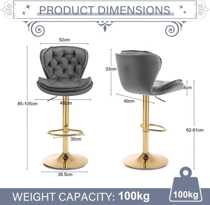 SERENITa Swivel Bar Stools Set of 2 Counter Height Barstools with Back Velvet Upholstered Adjustable Stool V255-GP2210R-GREY