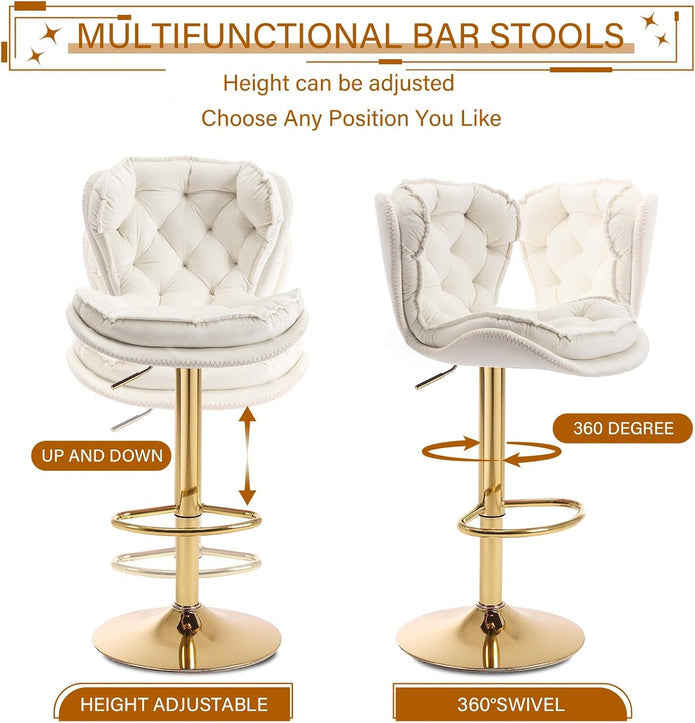 SERENITa Swivel Bar Stools Set of 2 Counter Height Barstools with Back Velvet Upholstered Adjustable Stool V255-GP2210R-IVORY