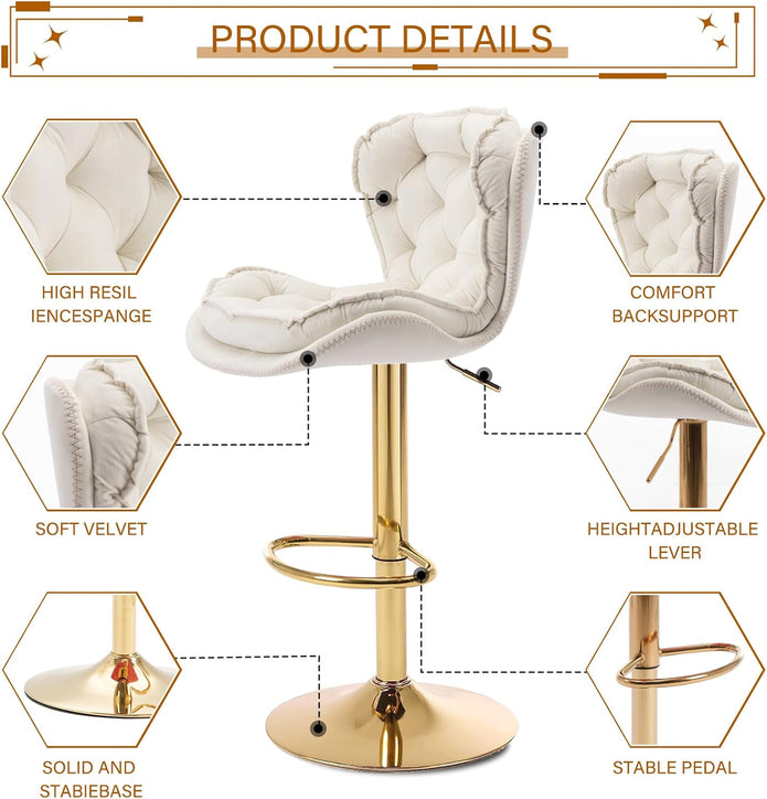 SERENITa Swivel Bar Stools Set of 2 Counter Height Barstools with Back Velvet Upholstered Adjustable Stool V255-GP2210R-IVORY