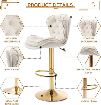 SERENITa Swivel Bar Stools Set of 2 Counter Height Barstools with Back Velvet Upholstered Adjustable Stool V255-GP2210R-IVORY