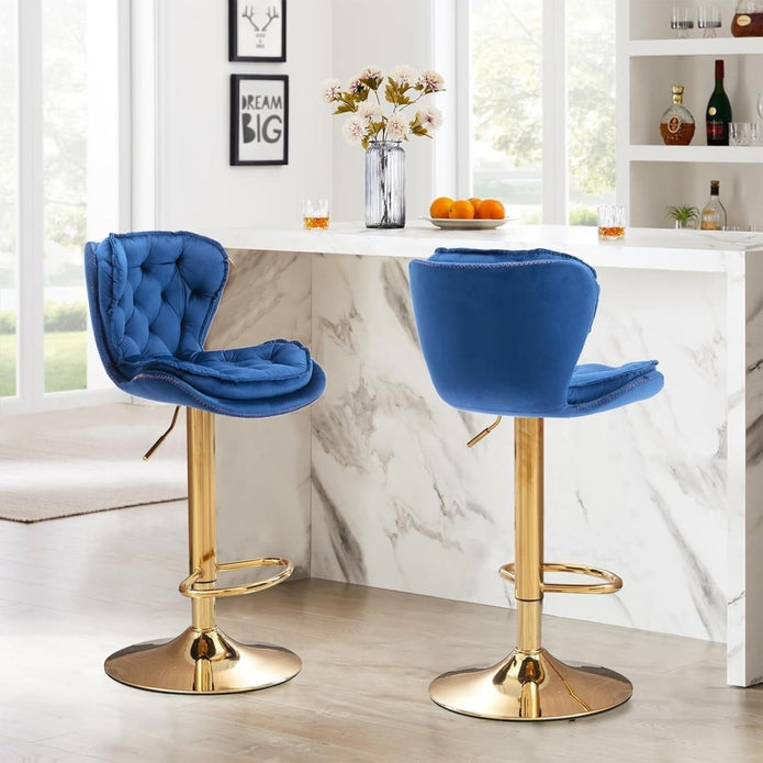 SERENITa Swivel Bar Stools Set of 2 Counter Height Barstools with Back Velvet Upholstered Adjustable Stool V255-GP2210R-NAVYBLUE