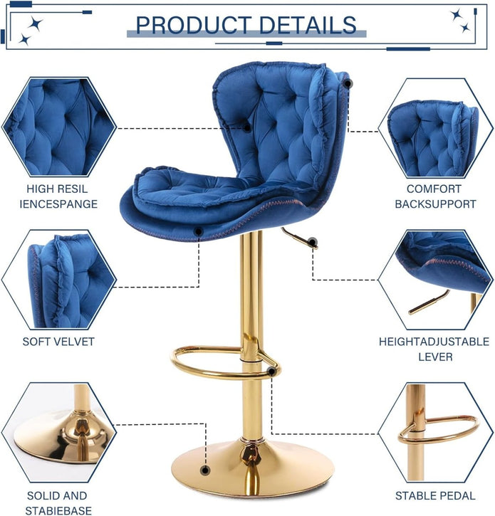 SERENITa Swivel Bar Stools Set of 2 Counter Height Barstools with Back Velvet Upholstered Adjustable Stool V255-GP2210R-NAVYBLUE