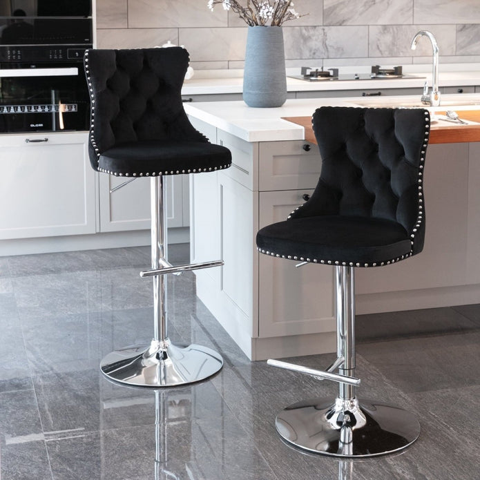 SERENITa Black Velvet Bar Stools Adjustable Swivel Counter Height Chairs with Tufted Back and Nailhead Trim V255-GP2211R-BLACK