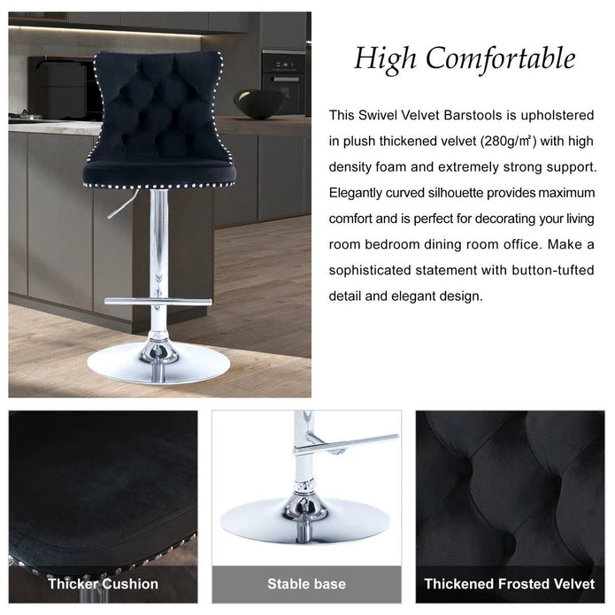 SERENITa Black Velvet Bar Stools Adjustable Swivel Counter Height Chairs with Tufted Back and Nailhead Trim V255-GP2211R-BLACK