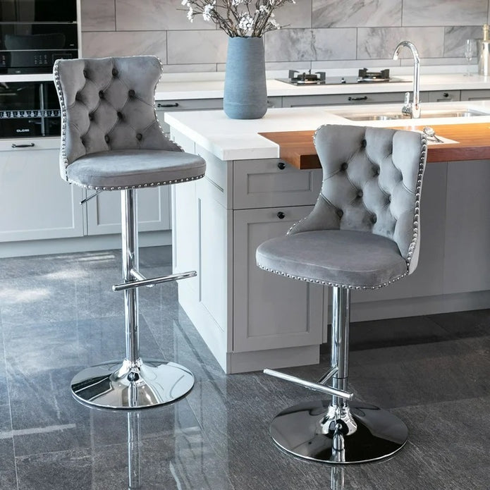 SERENITa Gray Velvet Bar Stools Adjustable Swivel Counter Height Chairs with Tufted Back and Nailhead Trim V255-GP2211R-GREY