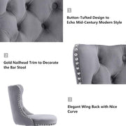SERENITa Gray Velvet Bar Stools Adjustable Swivel Counter Height Chairs with Tufted Back and Nailhead Trim V255-GP2211R-GREY