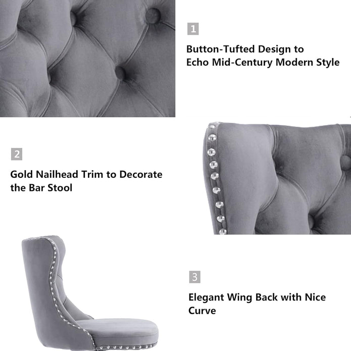 SERENITa Gray Velvet Bar Stools Adjustable Swivel Counter Height Chairs with Tufted Back and Nailhead Trim V255-GP2211R-GREY