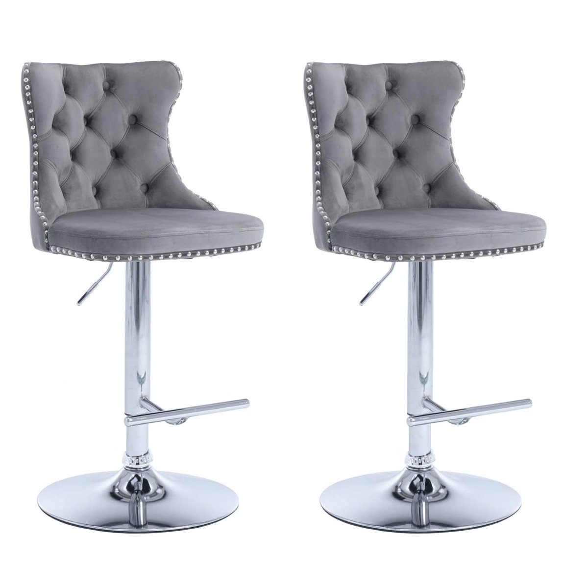 SERENITa Gray Velvet Bar Stools Adjustable Swivel Counter Height Chairs with Tufted Back and Nailhead Trim V255-GP2211R-GREY