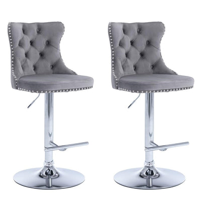 SERENITa Gray Velvet Bar Stools Adjustable Swivel Counter Height Chairs with Tufted Back and Nailhead Trim V255-GP2211R-GREY