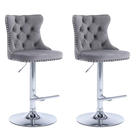 SERENITa Gray Velvet Bar Stools Adjustable Swivel Counter Height Chairs with Tufted Back and Nailhead Trim V255-GP2211R-GREY