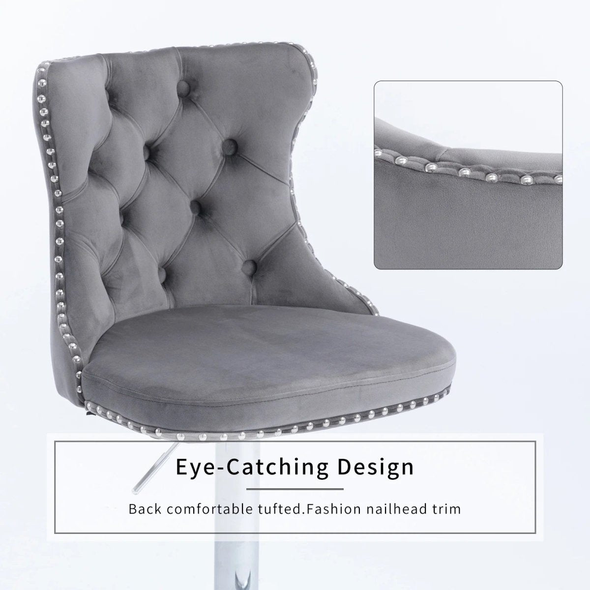 SERENITa Gray Velvet Bar Stools Adjustable Swivel Counter Height Chairs with Tufted Back and Nailhead Trim V255-GP2211R-GREY