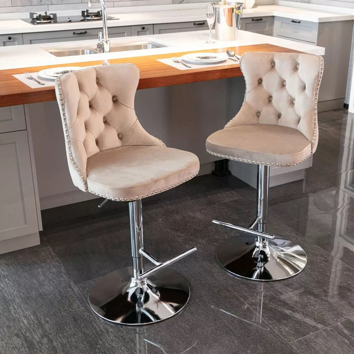 SERENITa Ivory Velvet Bar Stools Adjustable Swivel Counter Height Chairs with Tufted Back and Nailhead Trim V255-GP2211R-IVORY