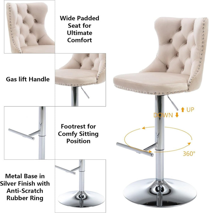SERENITa Ivory Velvet Bar Stools Adjustable Swivel Counter Height Chairs with Tufted Back and Nailhead Trim V255-GP2211R-IVORY