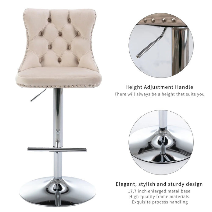 SERENITa Ivory Velvet Bar Stools Adjustable Swivel Counter Height Chairs with Tufted Back and Nailhead Trim V255-GP2211R-IVORY