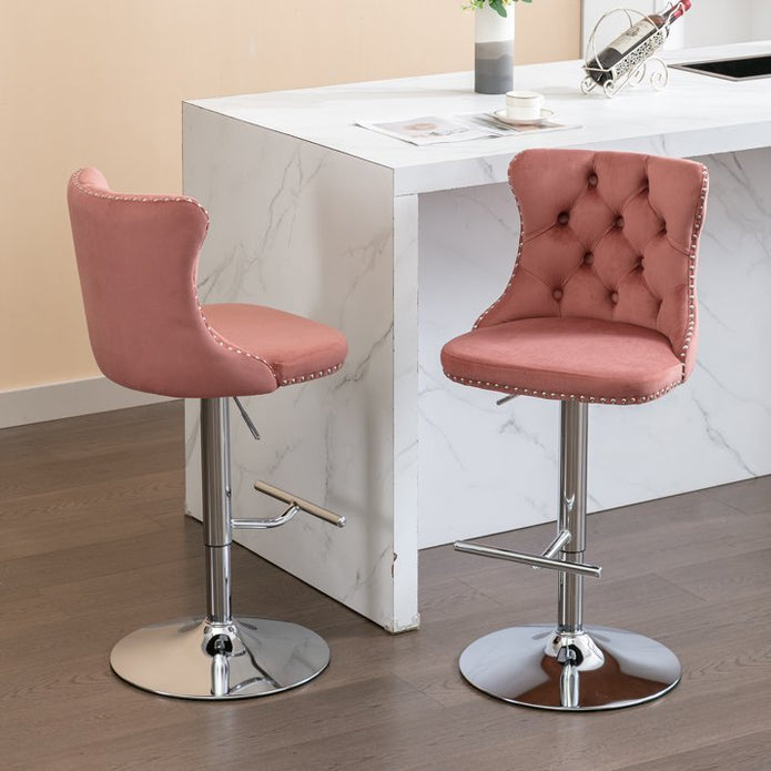 SERENITa Pink Velvet Bar Stools Adjustable Swivel Counter Height Chairs with Tufted Back and Nailhead Trim V255-GP2211R-PINK