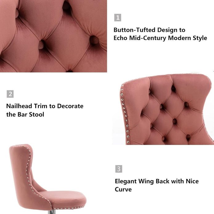 SERENITa Pink Velvet Bar Stools Adjustable Swivel Counter Height Chairs with Tufted Back and Nailhead Trim V255-GP2211R-PINK