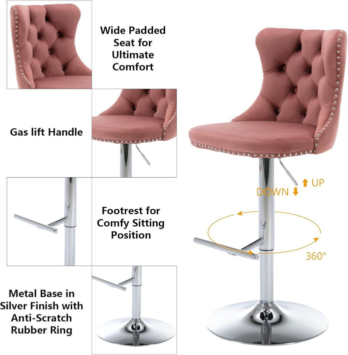SERENITa Pink Velvet Bar Stools Adjustable Swivel Counter Height Chairs with Tufted Back and Nailhead Trim V255-GP2211R-PINK