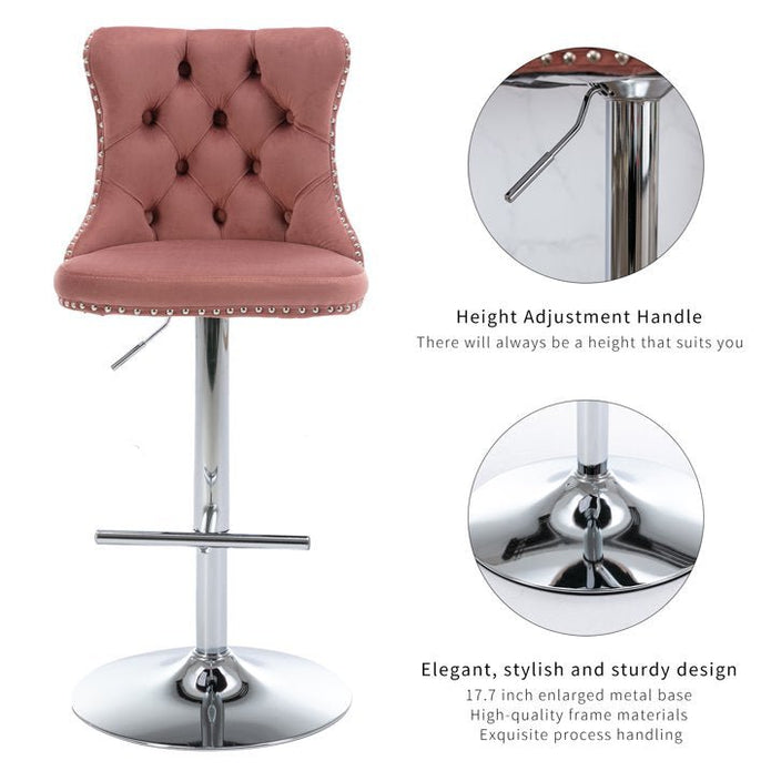 SERENITa Pink Velvet Bar Stools Adjustable Swivel Counter Height Chairs with Tufted Back and Nailhead Trim V255-GP2211R-PINK