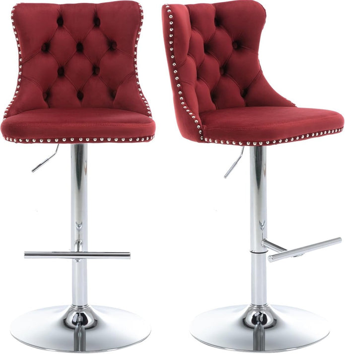 SERENITa Red Velvet Bar Stools Adjustable Swivel Counter Height Chairs with Tufted Back and Nailhead Trim for V255-GP2211R-RED