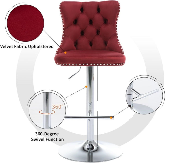 SERENITa Red Velvet Bar Stools Adjustable Swivel Counter Height Chairs with Tufted Back and Nailhead Trim for V255-GP2211R-RED