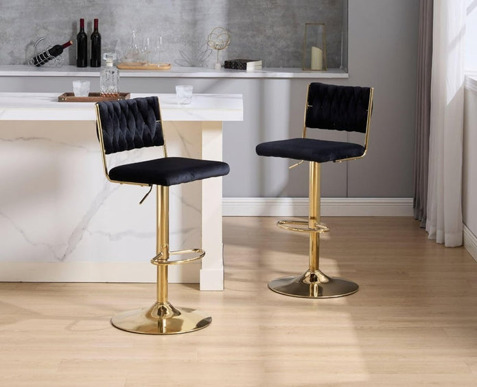 SERENITa 2x Velvet Bar Stools with Braided Back Elegant Kitchen High Chairs, Kitchen Island Stools Adjustable V255-GP2212-BLACK