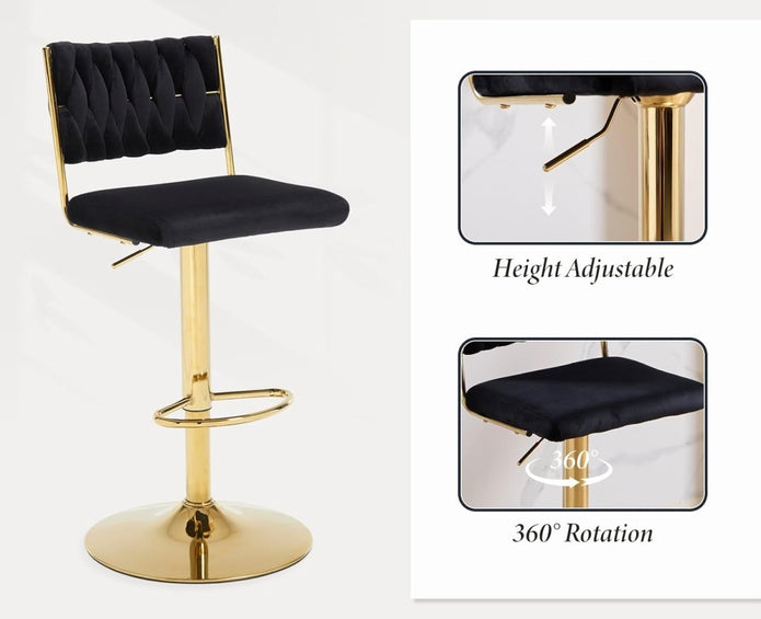 SERENITa 2x Velvet Bar Stools with Braided Back Elegant Kitchen High Chairs, Kitchen Island Stools Adjustable V255-GP2212-BLACK