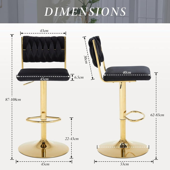 SERENITa 2x Velvet Bar Stools with Braided Back Elegant Kitchen High Chairs, Kitchen Island Stools Adjustable V255-GP2212-BLACK