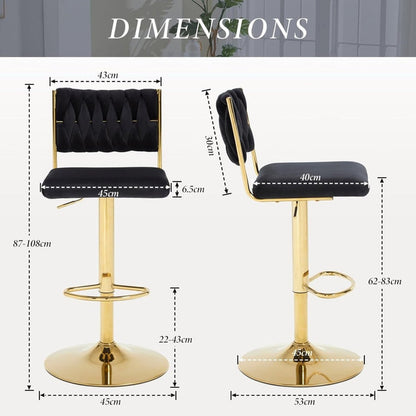 SERENITa 2x Velvet Bar Stools with Braided Back Elegant Kitchen High Chairs, Kitchen Island Stools Adjustable V255-GP2212-BLACK