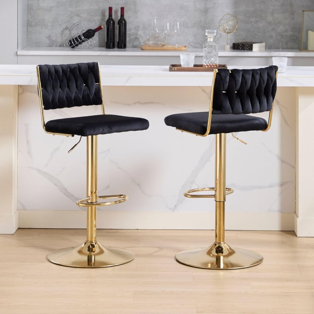 SERENITa 2x Velvet Bar Stools with Braided Back Elegant Kitchen High Chairs, Kitchen Island Stools Adjustable V255-GP2212-BLACK