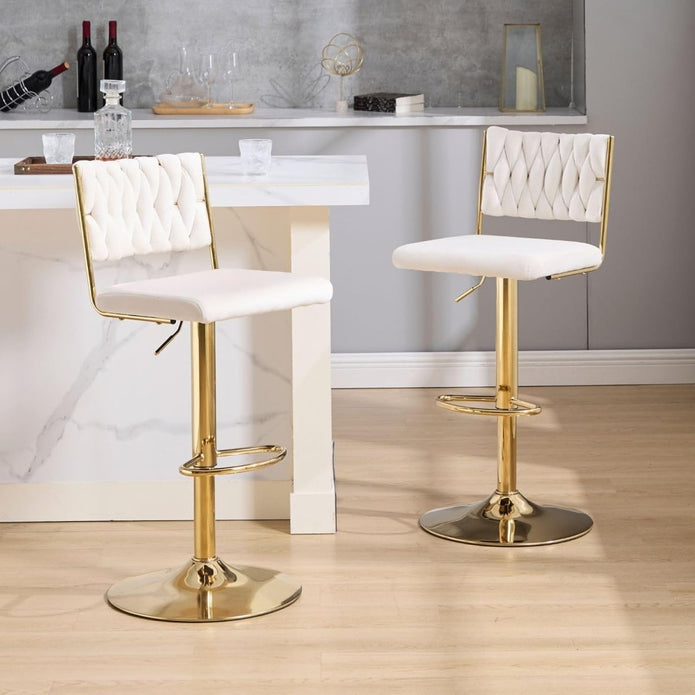 SERENITa 2x Velvet Bar Stools with Braided Back Elegant Kitchen High Chairs, Kitchen Island Stools Adjustable V255-GP2212-WHITE