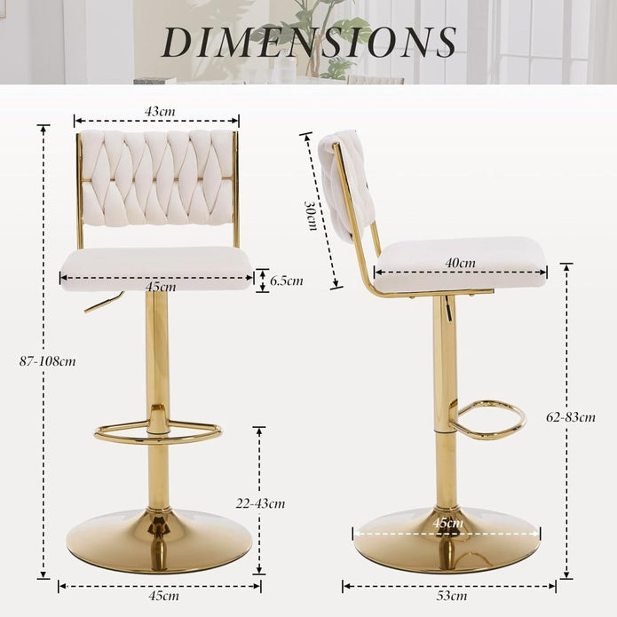 SERENITa 2x Velvet Bar Stools with Braided Back Elegant Kitchen High Chairs, Kitchen Island Stools Adjustable V255-GP2212-WHITE