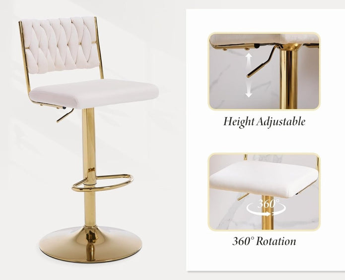 SERENITa 2x Velvet Bar Stools with Braided Back Elegant Kitchen High Chairs, Kitchen Island Stools Adjustable V255-GP2212-WHITE