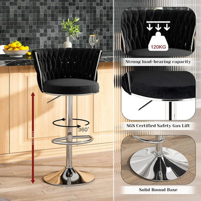 SERENITa Modern Silver Swivel Upholstered Velvet Adjustable Height Counter Stool with Metal Frame Black (Set V255-GP2217R-BLACK