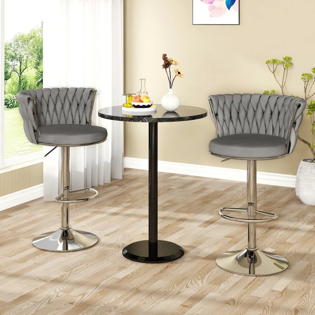 SERENITa Modern Silver Swivel Upholstered Velvet Adjustable Height Counter Stool with Metal Frame Grey (Set V255-GP2217R-GREY