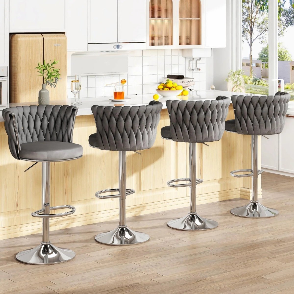 SERENITa Modern Silver Swivel Upholstered Velvet Adjustable Height Counter Stool with Metal Frame Grey (Set V255-GP2217R-GREY