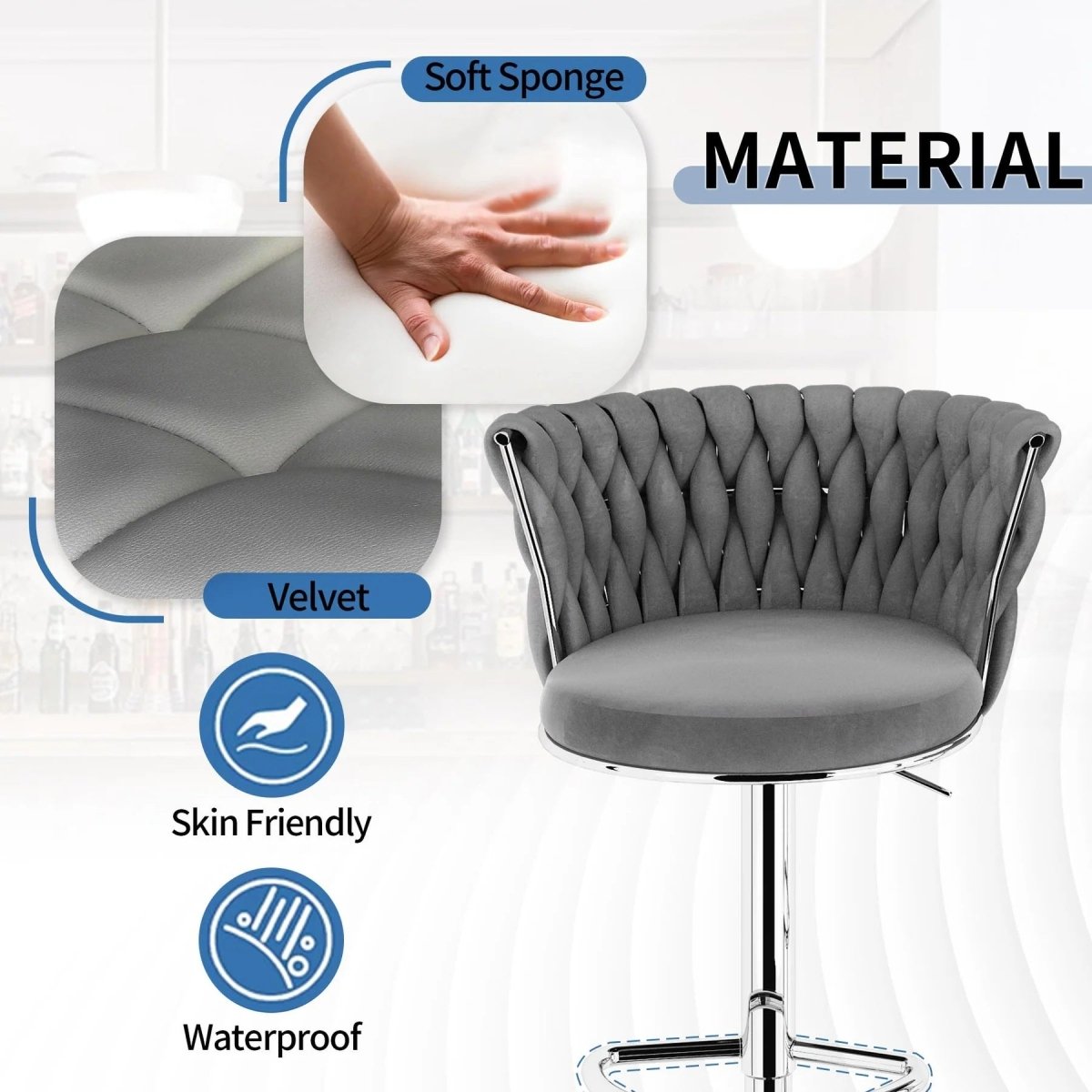 SERENITa Modern Silver Swivel Upholstered Velvet Adjustable Height Counter Stool with Metal Frame Grey (Set V255-GP2217R-GREY