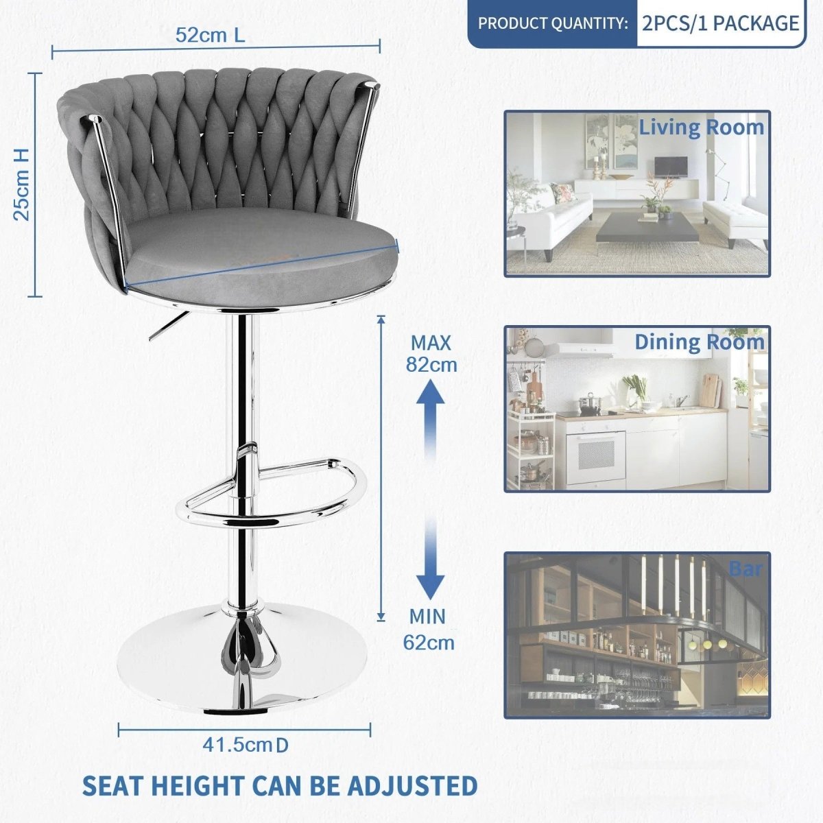 SERENITa Modern Silver Swivel Upholstered Velvet Adjustable Height Counter Stool with Metal Frame Grey (Set V255-GP2217R-GREY