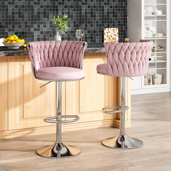 SERENITa Modern Silver Swivel Upholstered Velvet Adjustable Height Counter Stool with Metal Frame Pink (Set V255-GP2217R-PINK