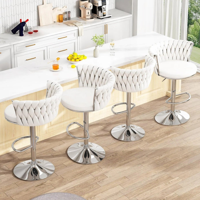 SERENITa Modern Silver Swivel Upholstered Velvet Adjustable Height Counter Stool with Metal Frame White (Set V255-GP2217R-WHITE