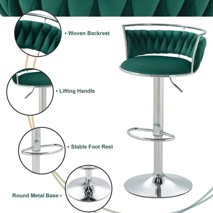 SERENITa Silver Swivel Upholstered Velvet Adjustable Height Counter Stool with Metal Frame Emerald Green (Set V255-GP2311R-GREEN